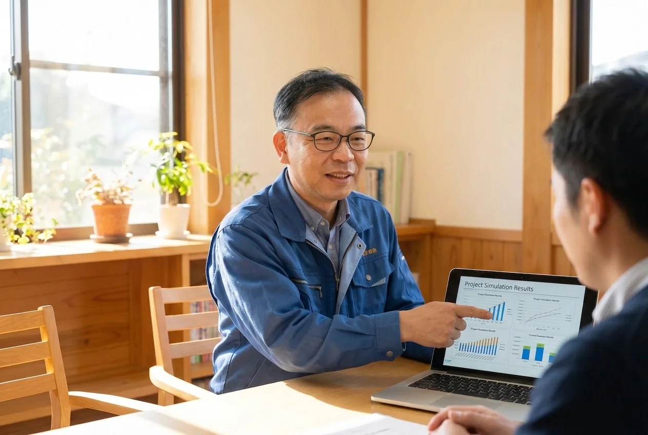 中西繁樹がパソコンの前でお客様に説明している